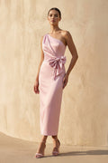 One Shoulder Midi Dress With Bow in Pink
