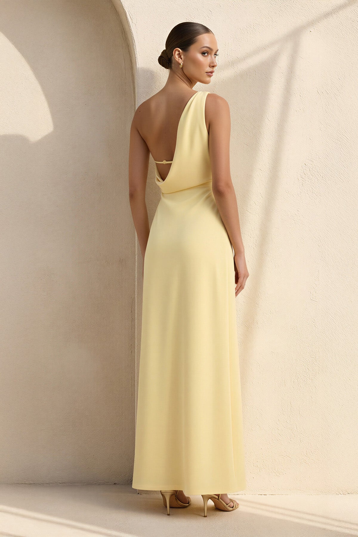 One Shoulder Midi Dress with Slit in Yellow