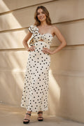 One Shoulder Polka Dot Midi Dress in Champagne