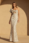One Shoulder Polka Dot Ruffled Gown in Ivory