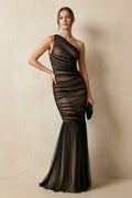 One Shoulder Ruched Mermaid Maxi Dress in Black