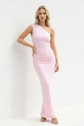 One Shoulder Ruched Sheath Maxi Dress in Blush