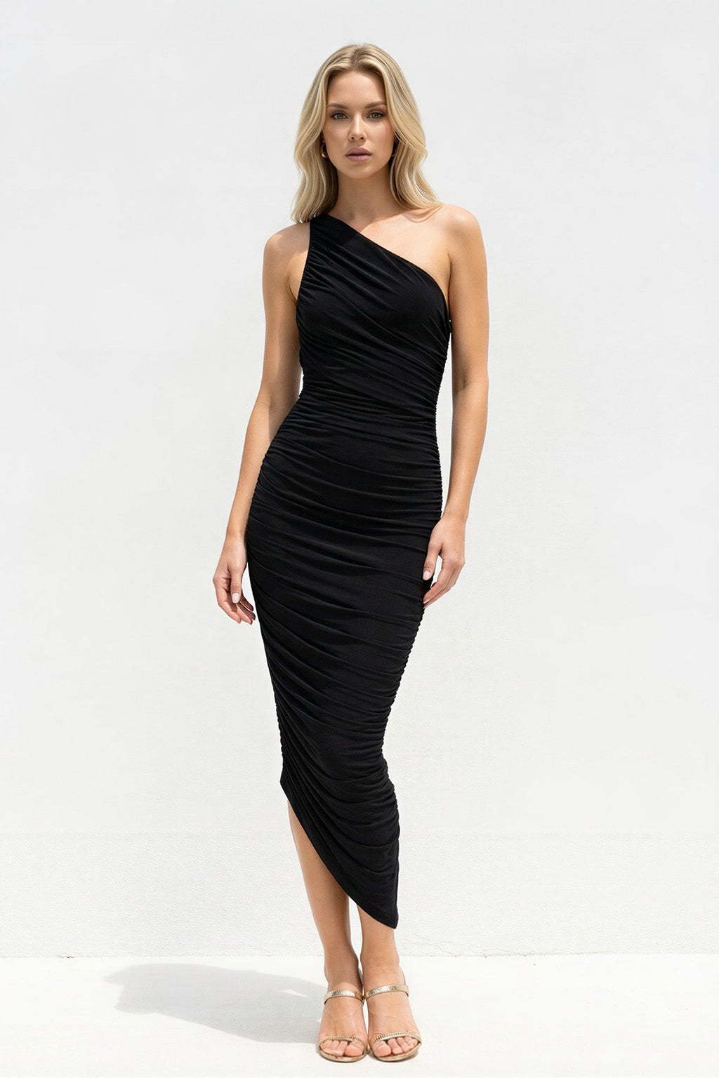 One Shoulder Ruched Sheath Midi Dress in Black