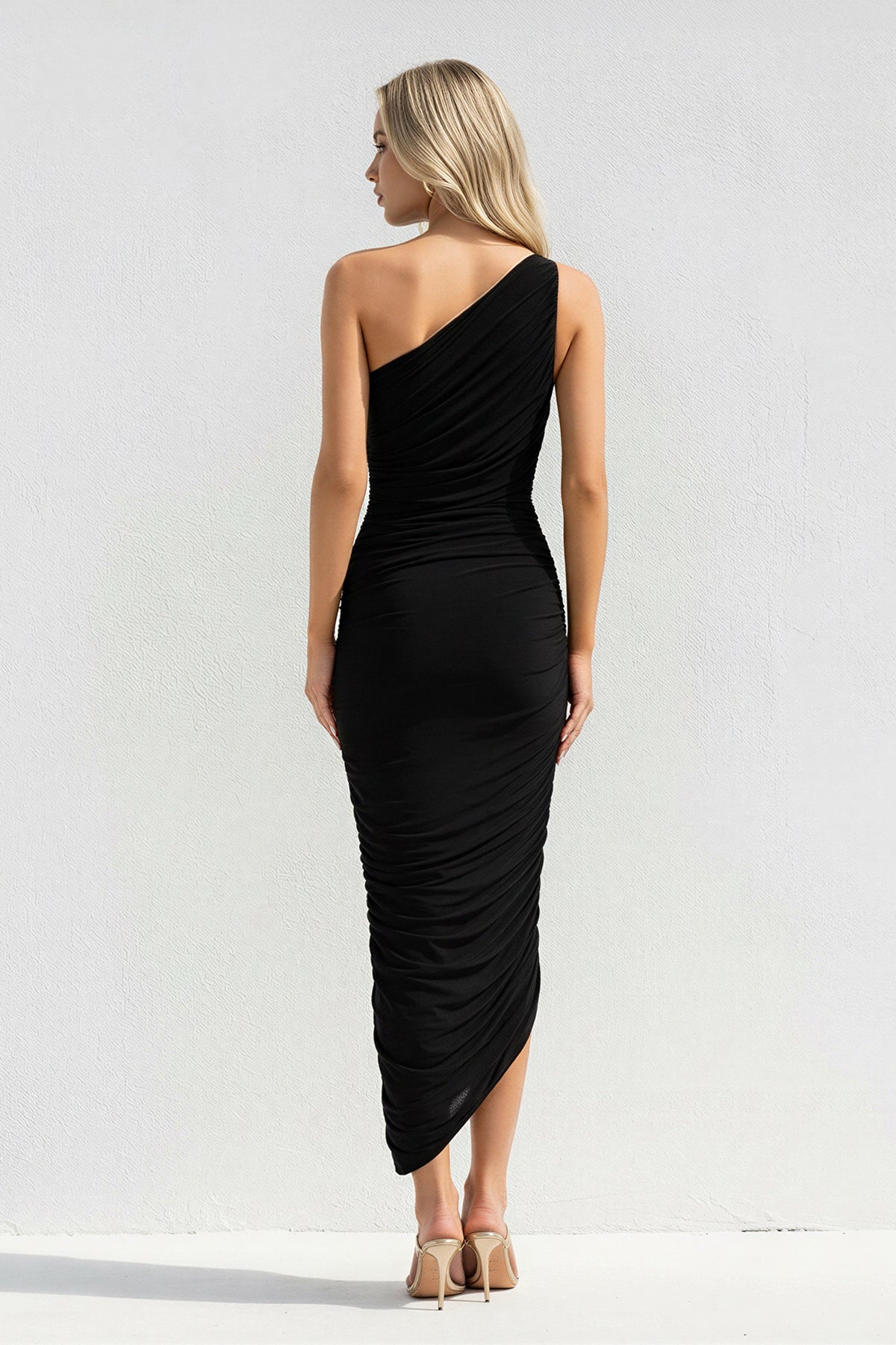 One Shoulder Ruched Sheath Midi Dress in Black
