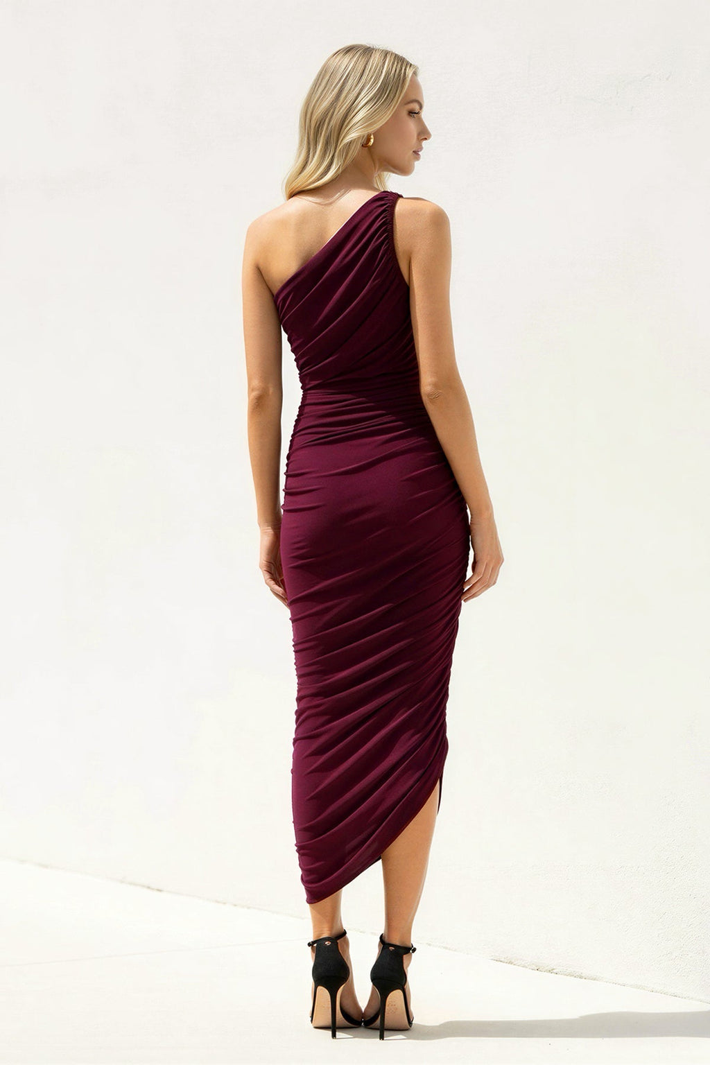 One Shoulder Ruched Sheath Midi Dress in Burgundy