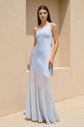 One Shoulder Sheath Open Back Maxi Dress in Sky Blue