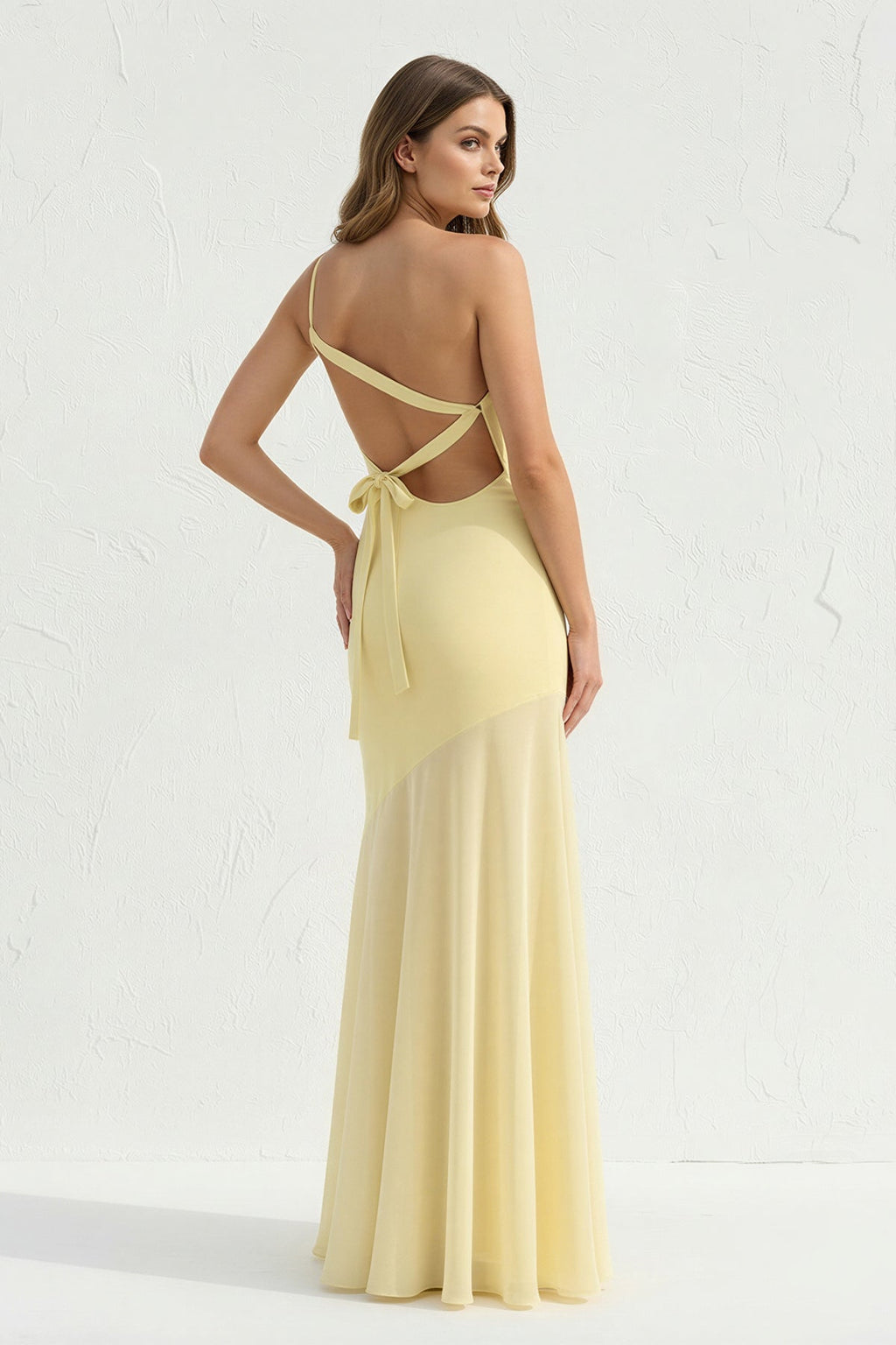 One Shoulder Sheath Open Back Maxi Dress in Yellow