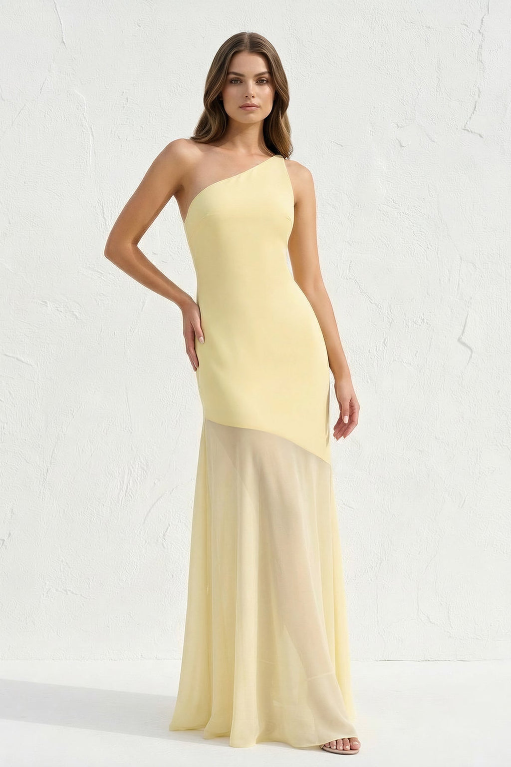 One Shoulder Sheath Open Back Maxi Dress in Yellow