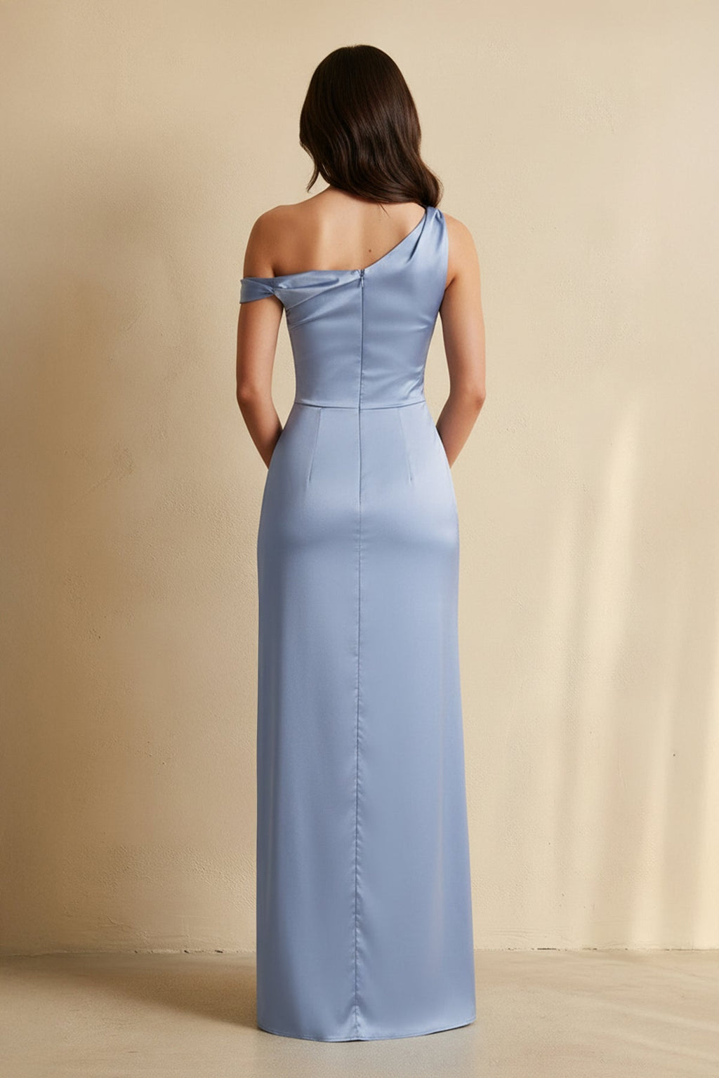 One Shoulder Slit Maxi Dress in Steel Blue
