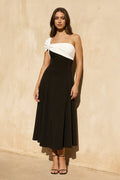 One Shoulder Twist Midi Dress in Black and White