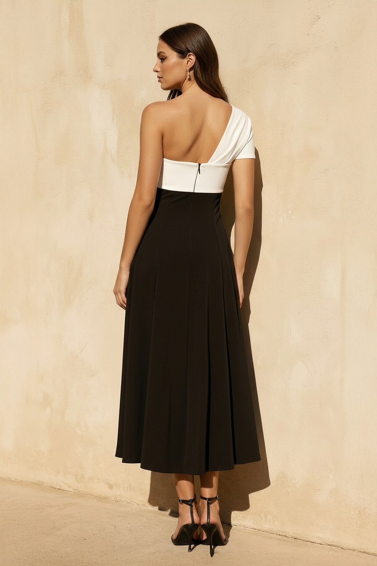One Shoulder Twist Midi Dress in Black and White