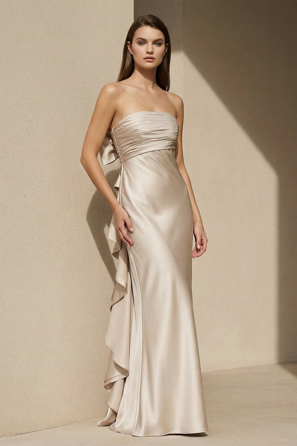 Pleated Satin Maxi Dress with Bowknot in Champagne