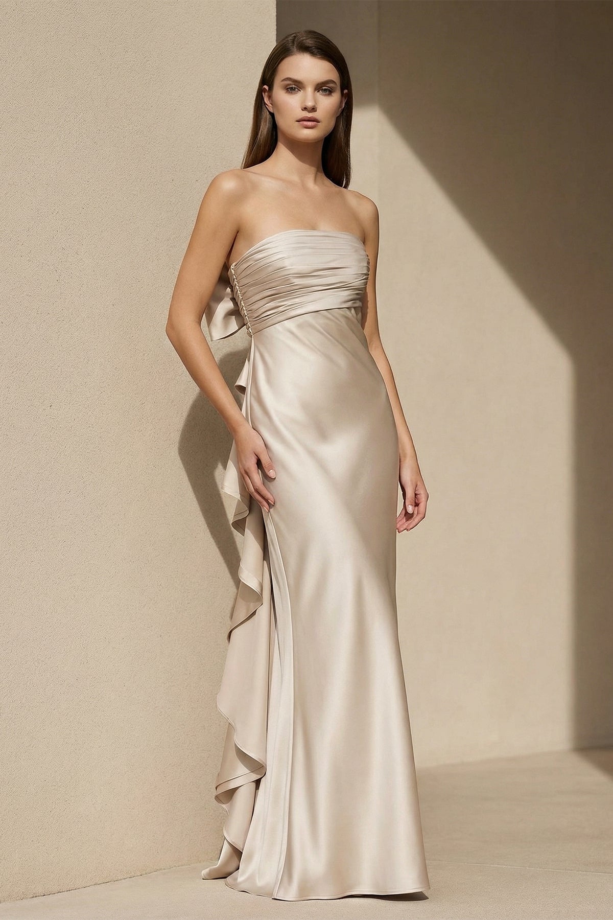 Pleated Satin Maxi Dress with Bowknot in Champagne