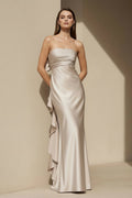 Pleated Satin Maxi Dress with Bowknot in Champagne