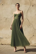 Pleated Spaghetti Straps Corset Maxi Dress in Olive