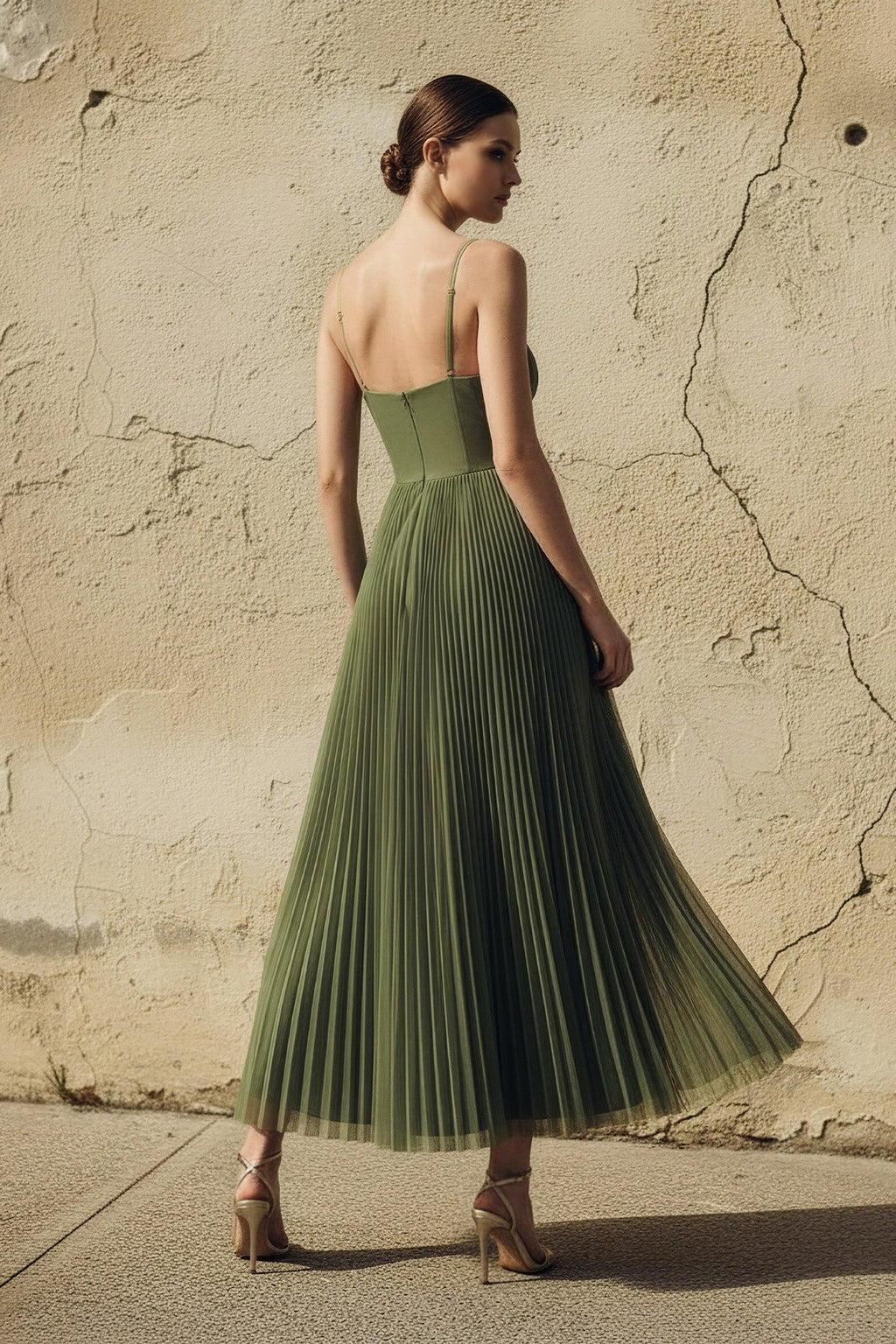 Pleated Spaghetti Straps Corset Maxi Dress in Olive