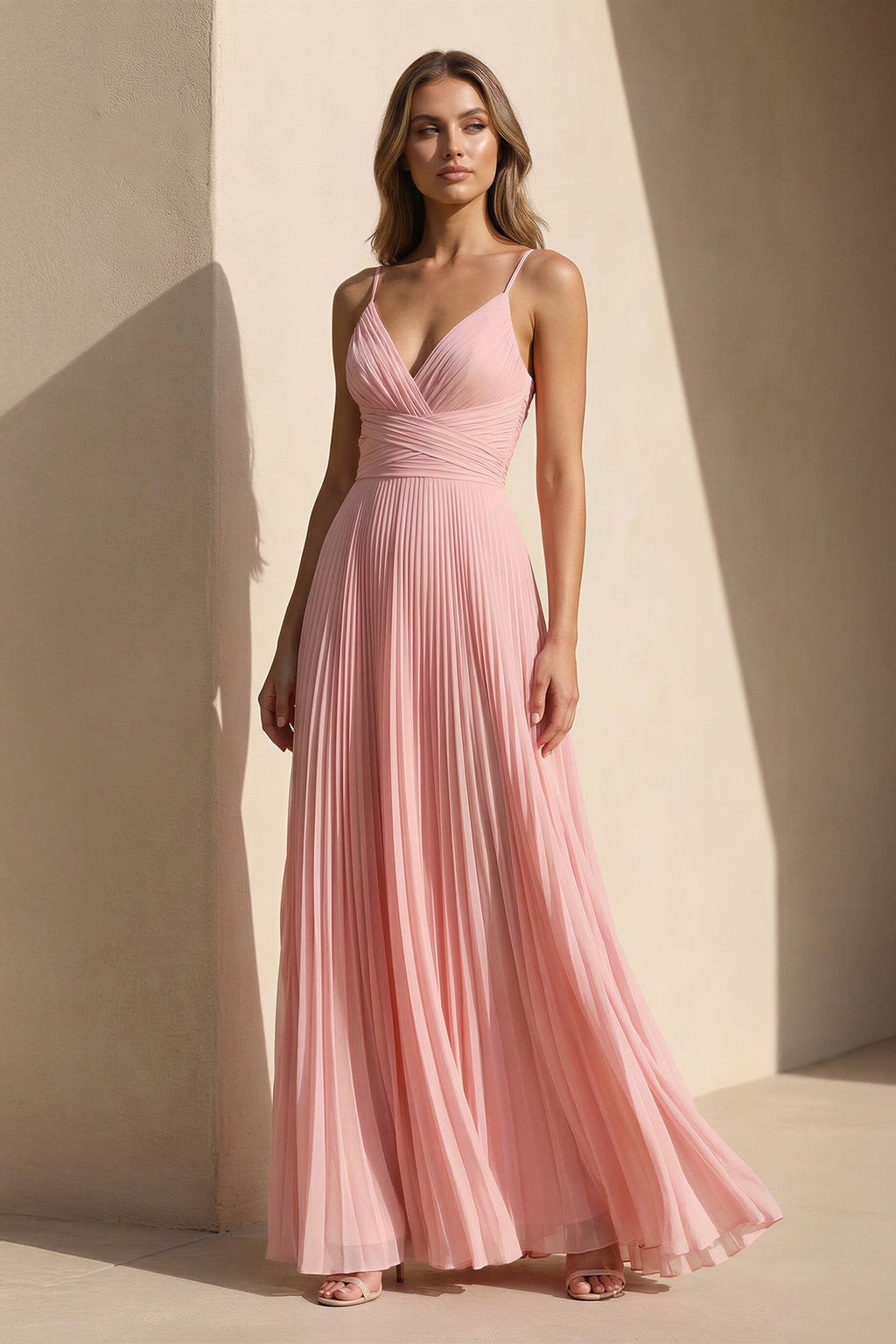 Pleated Spaghetti Straps Maxi Dress in Pink