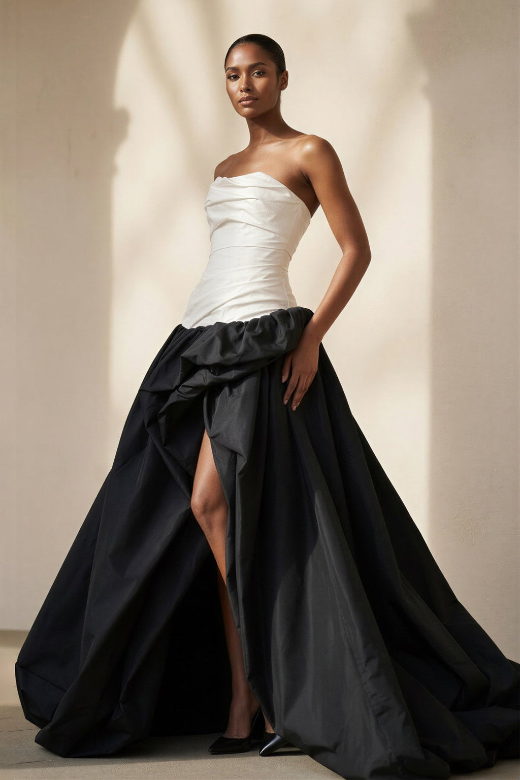Pleated Strapless Gown With Slit in Black and Ivory