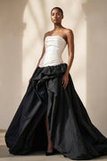Pleated Strapless Gown With Slit in Black and Ivory