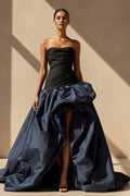Pleated Strapless Gown With Slit in Black and Navy