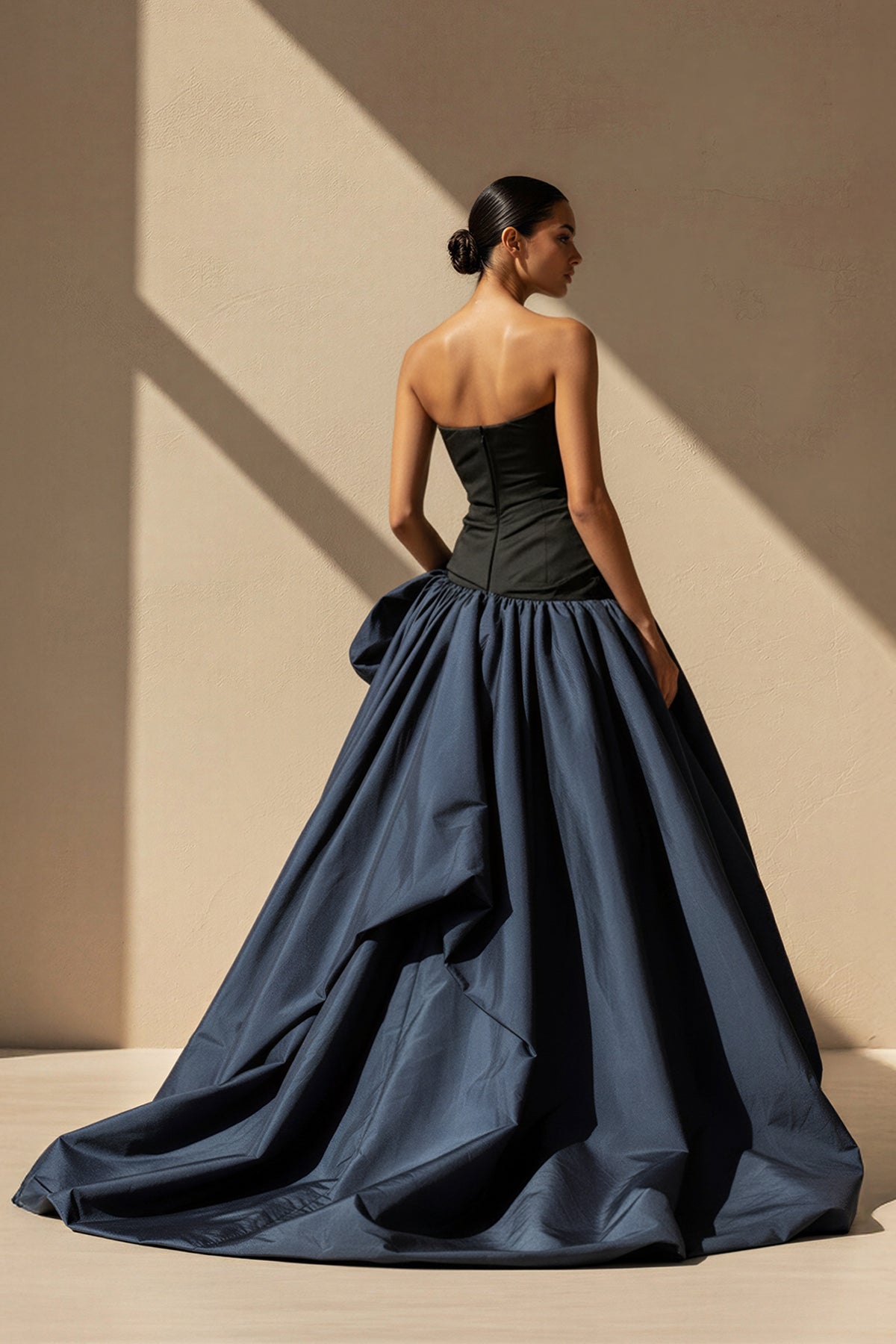 Pleated Strapless Gown With Slit in Black and Navy