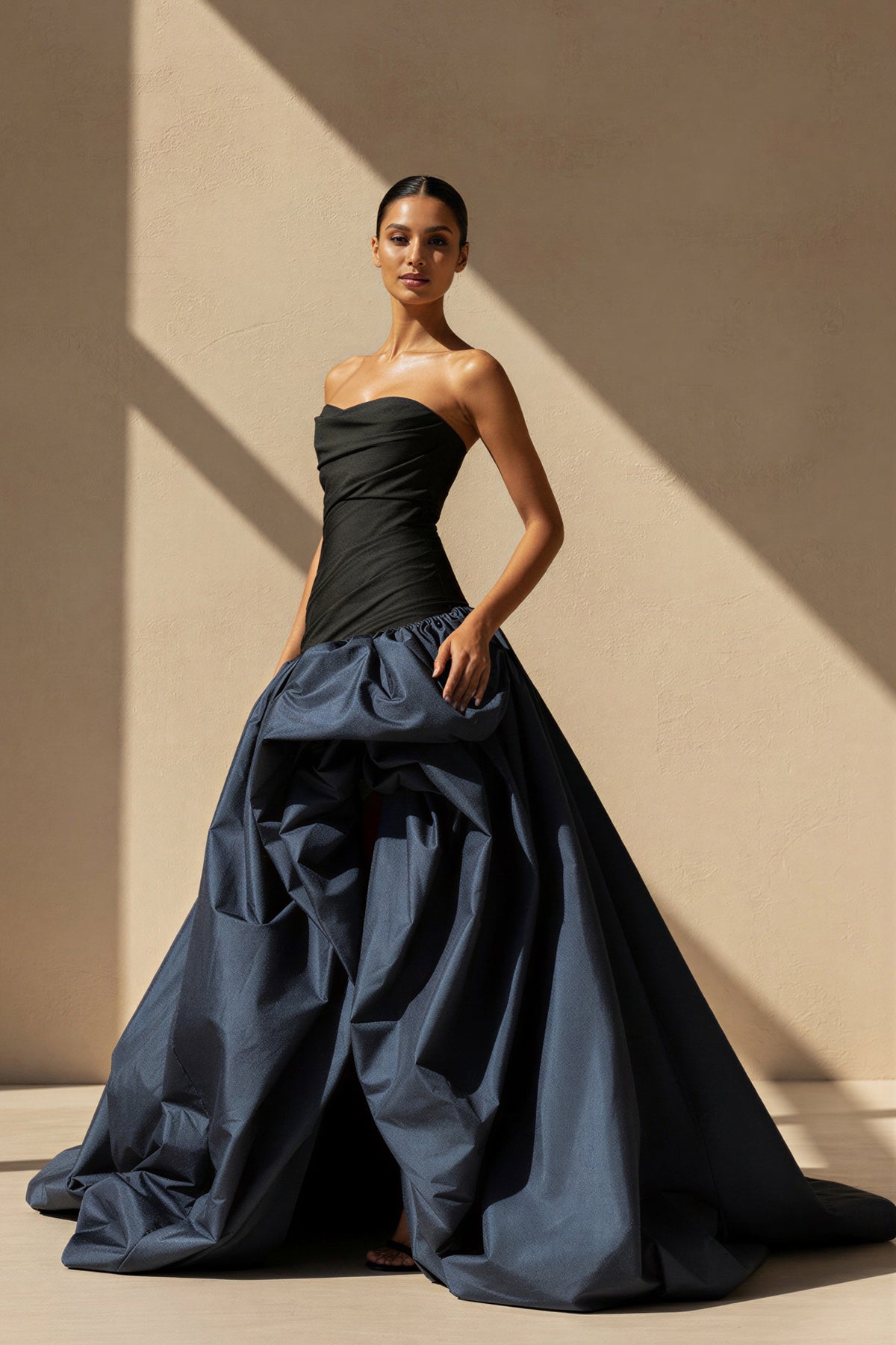 Pleated Strapless Gown With Slit in Black and Navy