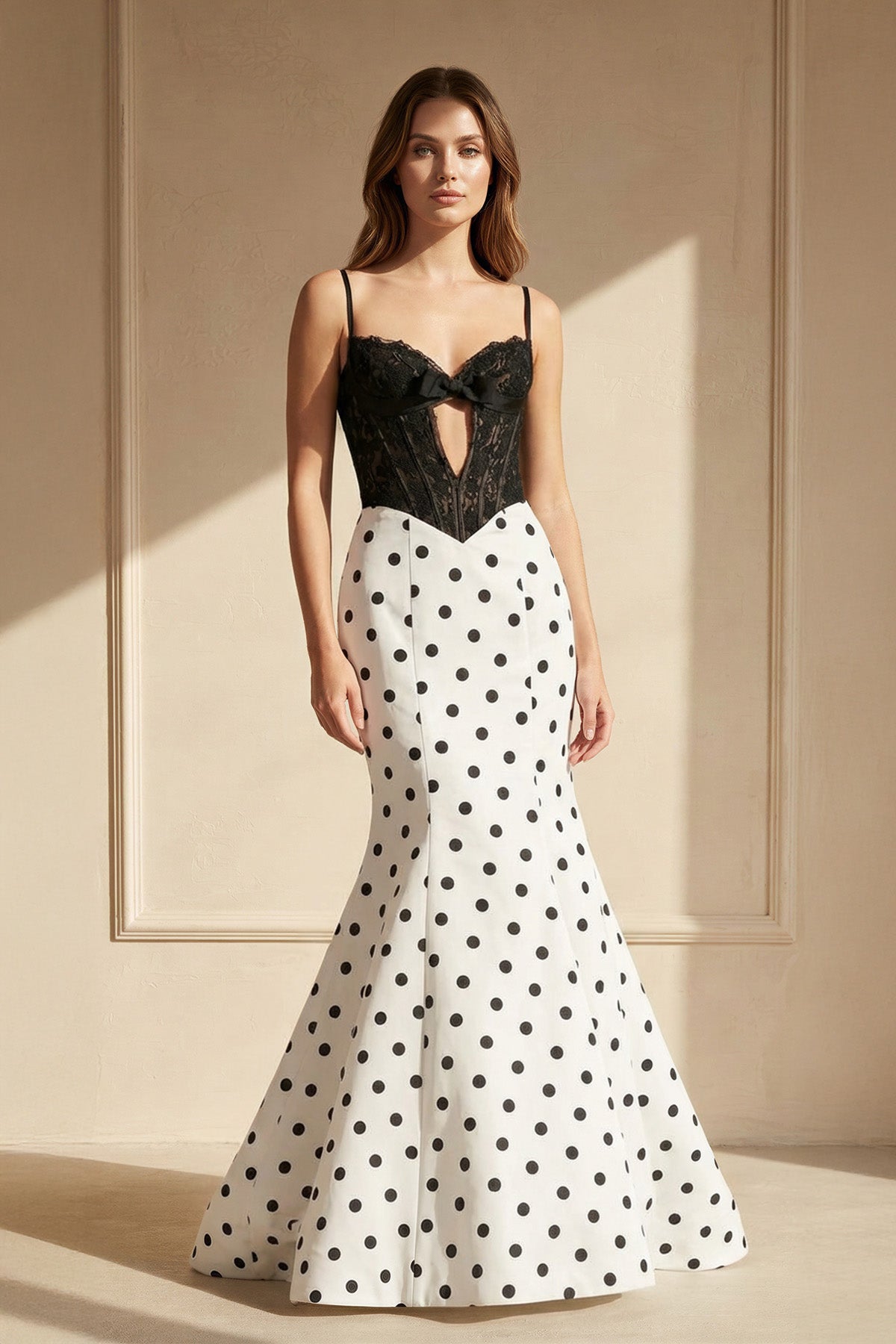 Polka Dot Mermaid Prom Dress With Lace in Black and White