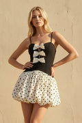 Polka Dot Mini Dress With Bow in Black and Ivory