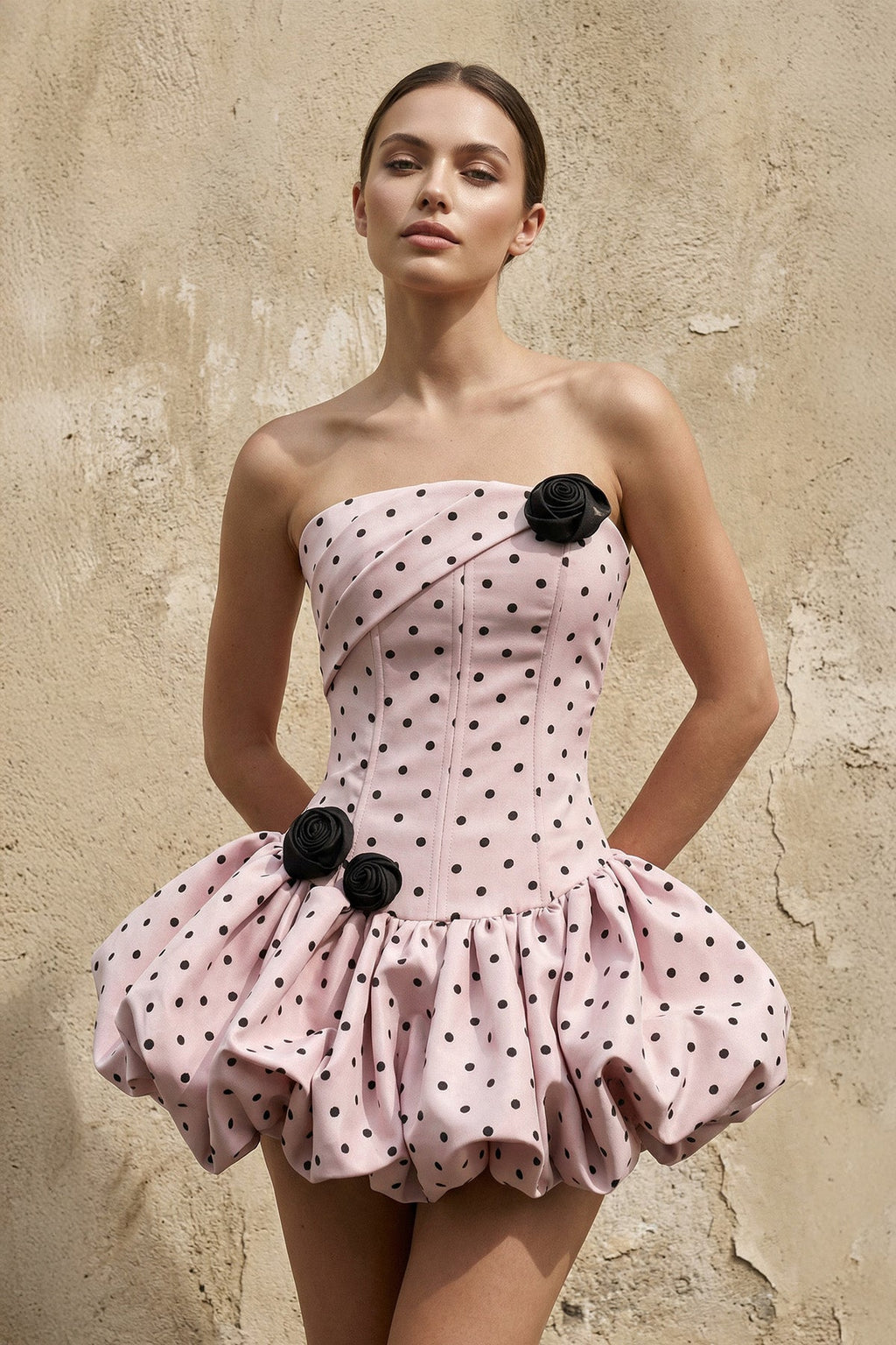 Polka Dot Mini Dress With Floral in Pink