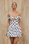 Polka Dot Off The Shoulder Bubble Mini Dress in White