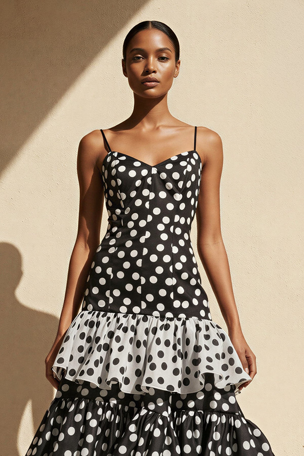 Polka Dot Ruffled Mermaid Gown in Black and White