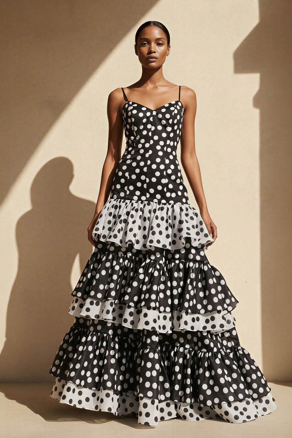 Polka Dot Ruffled Mermaid Gown in Black and White