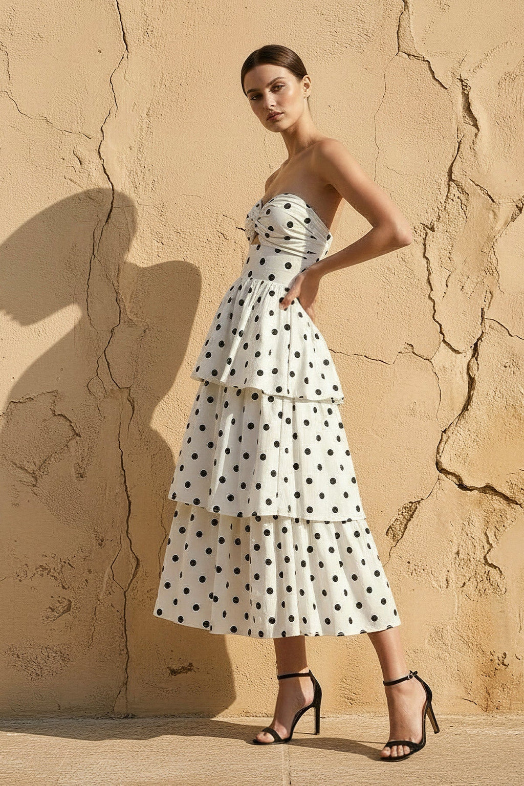 Polka Dot Ruffled Midi Dress in Ivory