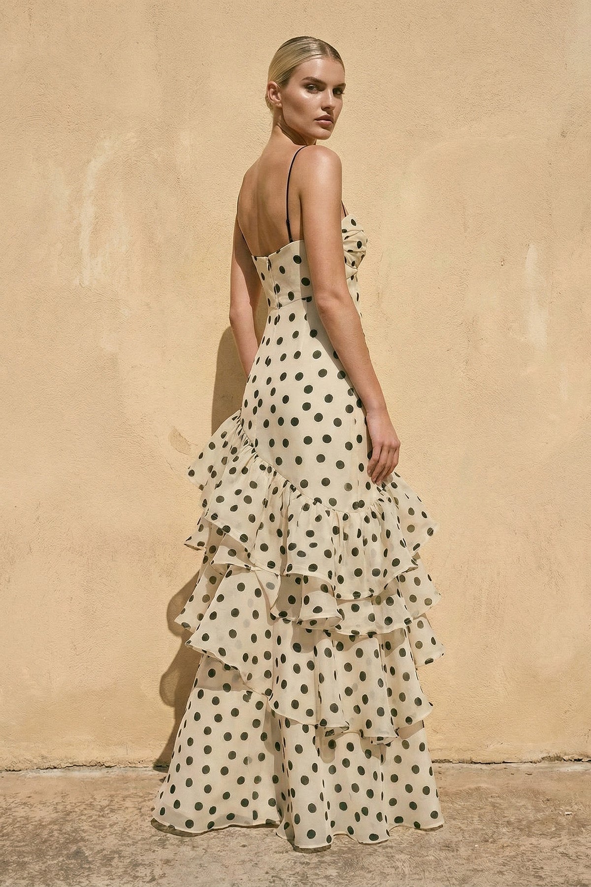 Polka Dot Ruffled Spaghetti Straps Prom Gown in Champagne