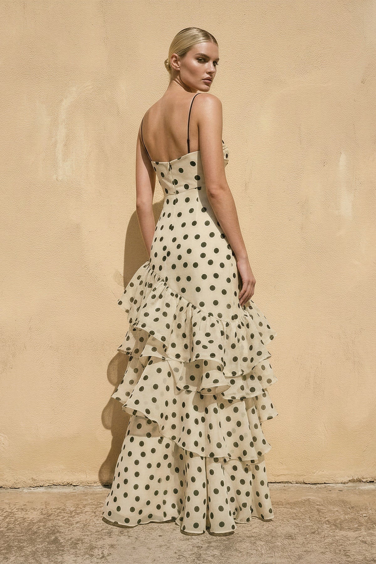 Polka Dot Ruffled Spaghetti Straps Prom Gown in Champagne