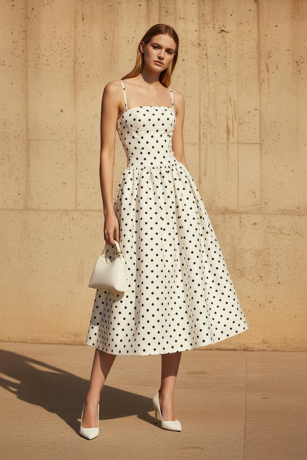 Polka Dot Spaghetti Straps Midi Dress in Ivory