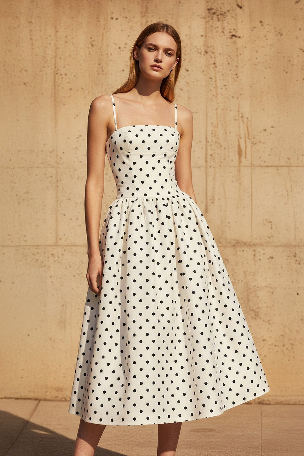 Polka Dot Spaghetti Straps Midi Dress in Ivory