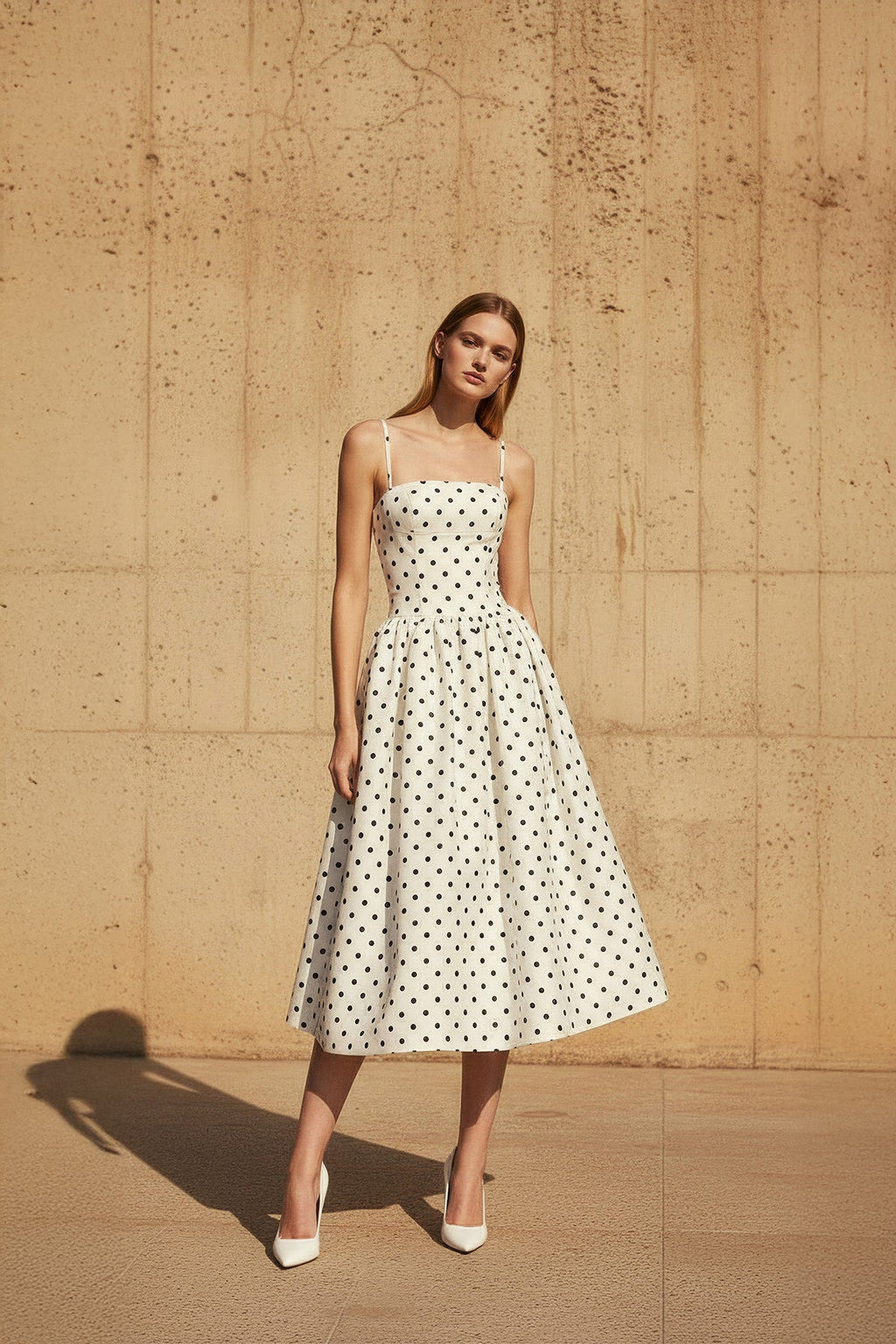 Polka Dot Spaghetti Straps Midi Dress in Ivory