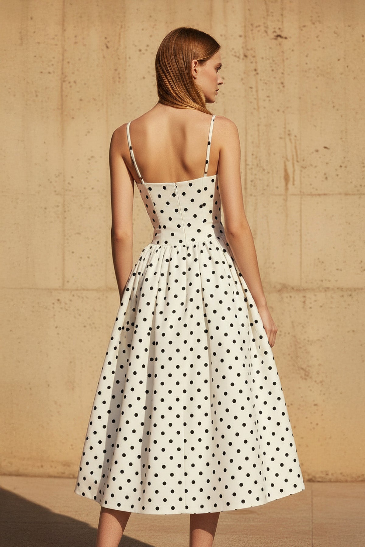 Polka Dot Spaghetti Straps Midi Dress in Ivory