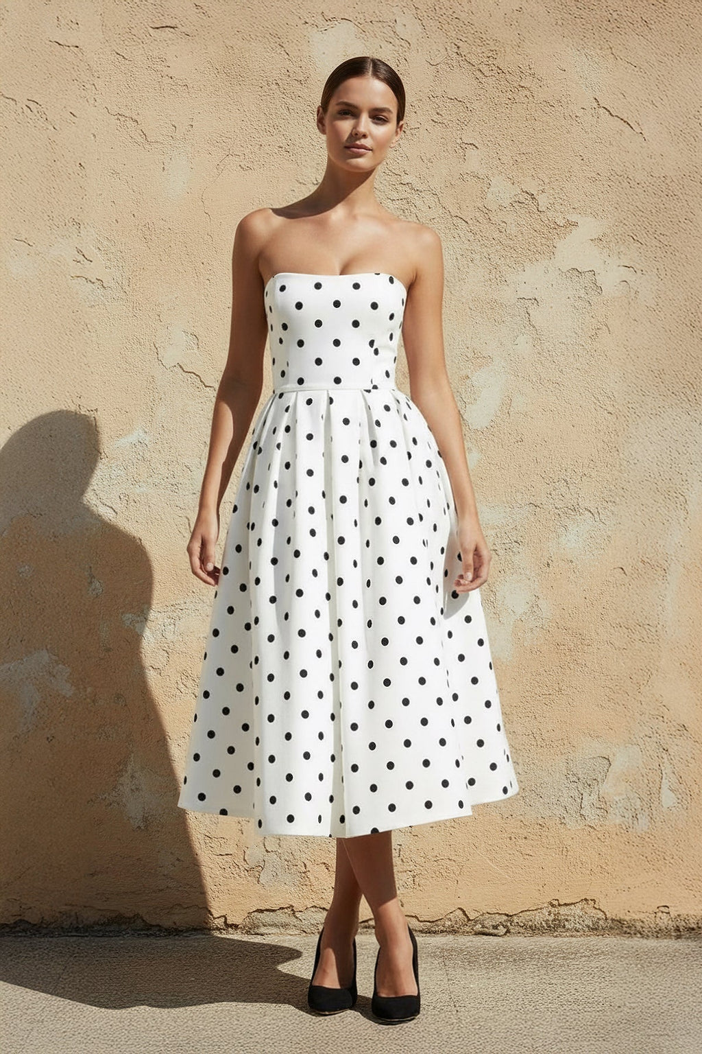 Polka Dot Strapless Midi Dress in White