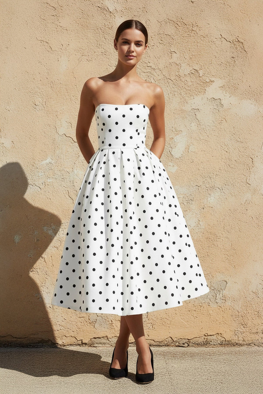 Polka Dot Strapless Midi Dress in White