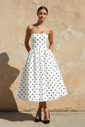Polka Dot Strapless Midi Dress in White
