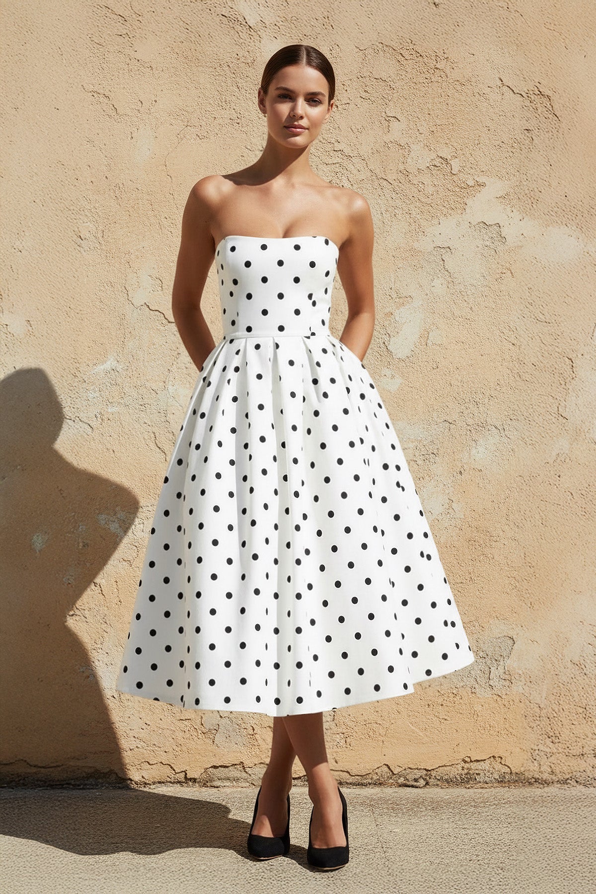 Polka Dot Strapless Midi Dress in White