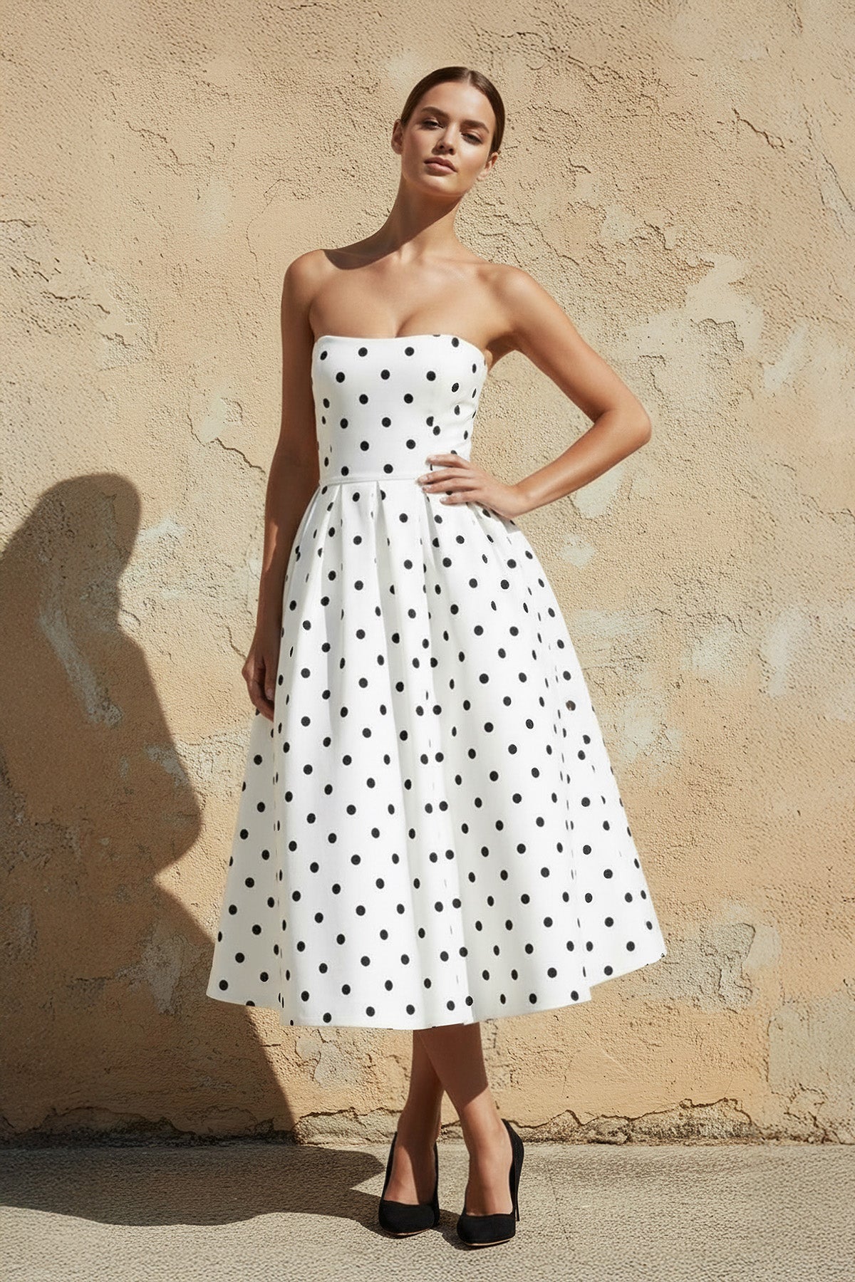 Polka Dot Strapless Midi Dress in White
