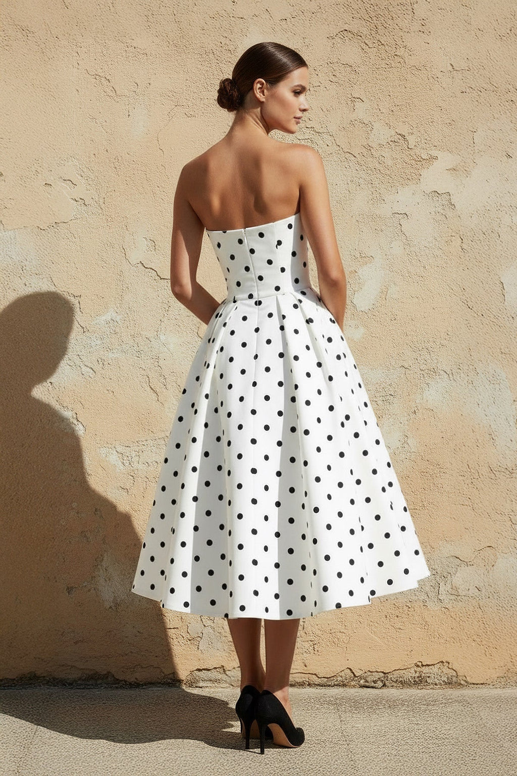 Polka Dot Strapless Midi Dress in White