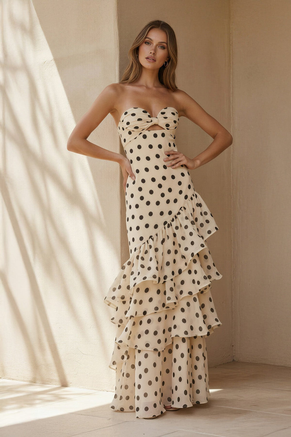 Polka Dot Strapless Ruffled Gown in Ivory