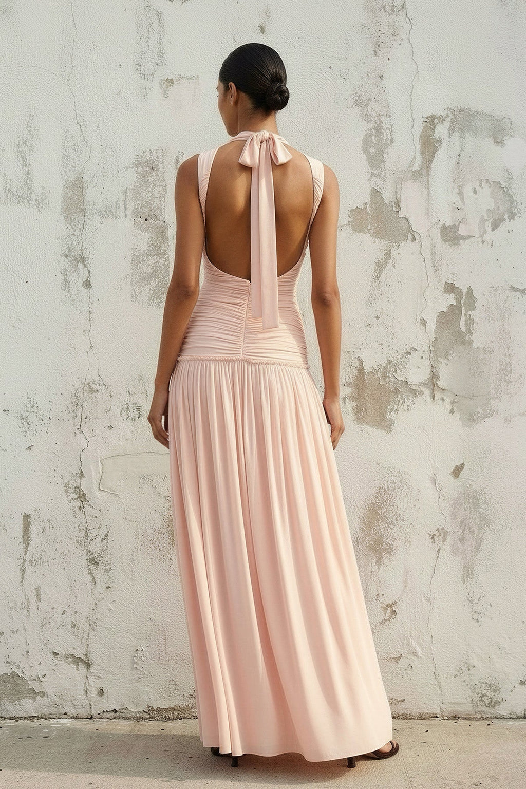 Ruched Backless Maxi Dress in Blush Pink