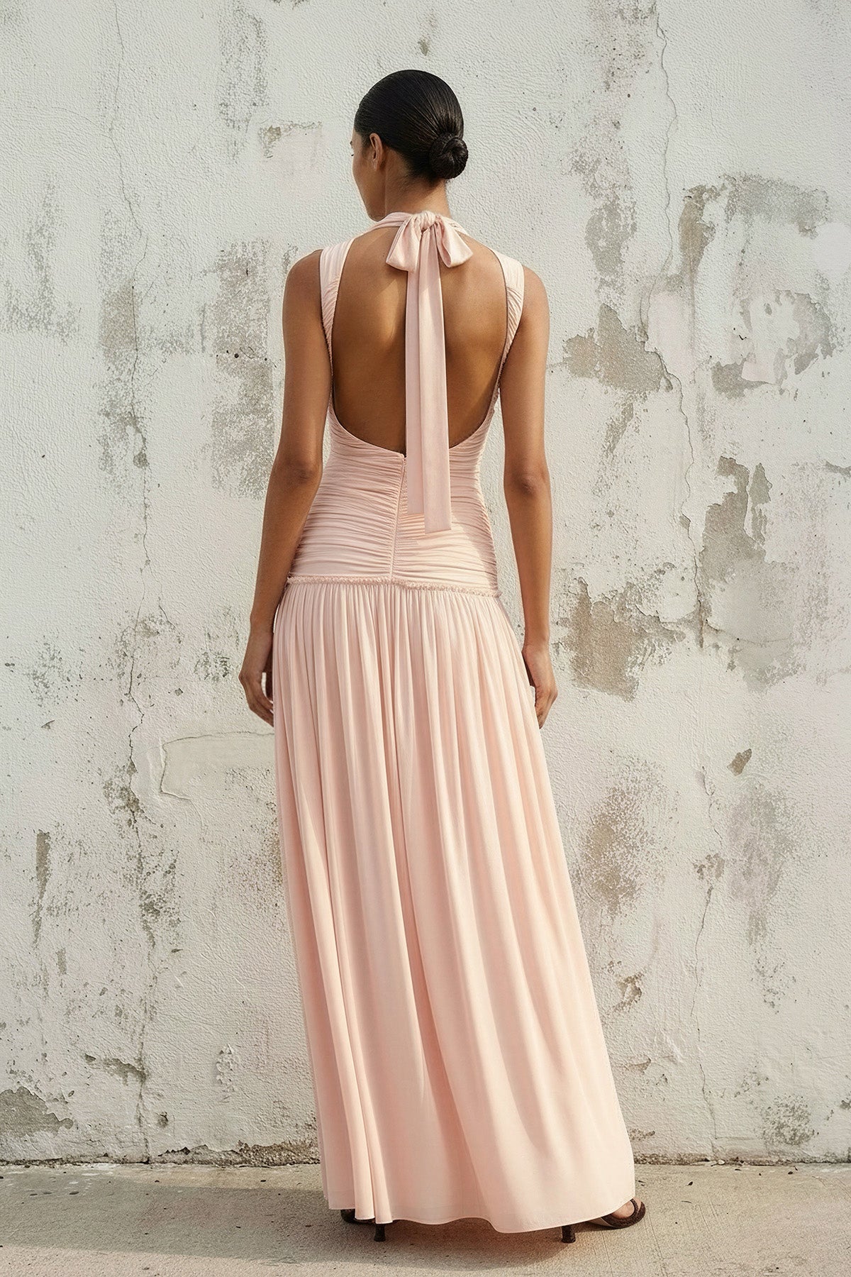 Ruched Backless Maxi Dress in Blush Pink