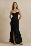 Ruched Maxi Dress With Ruffles in Black