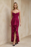Ruched Maxi Dress With Ruffles in Burgundy